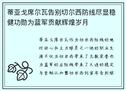 蒂亚戈席尔瓦告别切尔西防线尽显稳健功勋为蓝军贡献辉煌岁月